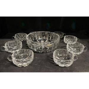 Saint Louis - Engraved Crystal Punch Service Signed Salad Bowl + 8 Cups
